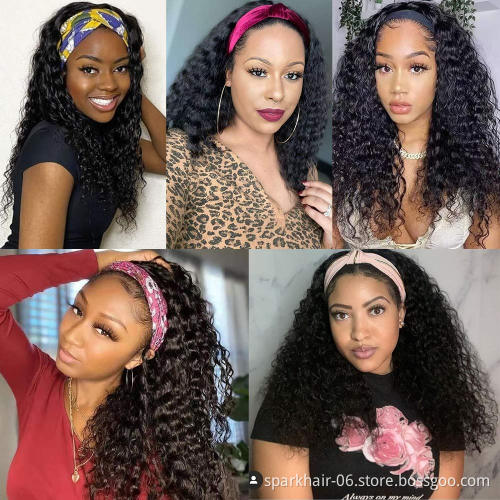 Full Cuticle Curly Headband Wigs Human Hair Glueless None Lace 10A Virgin Peruvian Head Band Human Hair Wigs